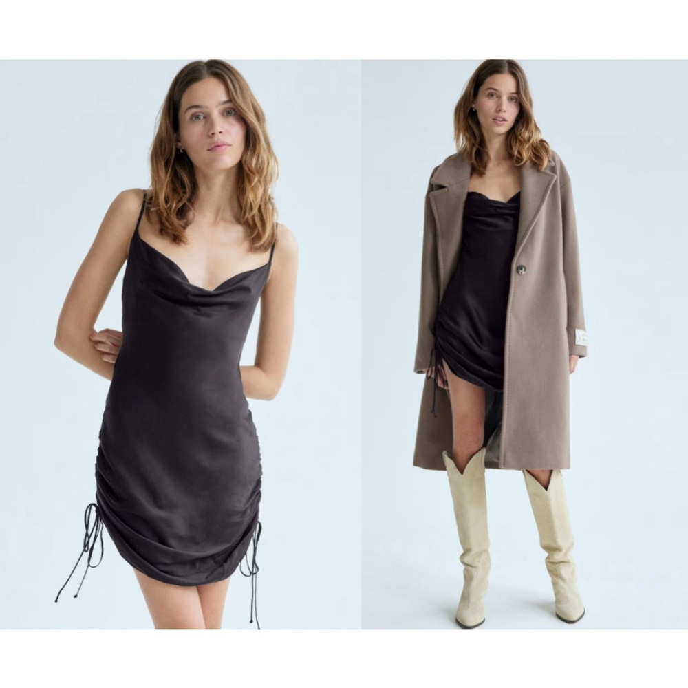 Aritzia Wilfred Only Ruched Slip Dress Mini Tie Side Trendy Flattering Satin